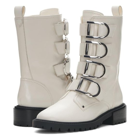 Vince Camuto Frishea White Leather Buckle Moto Boots